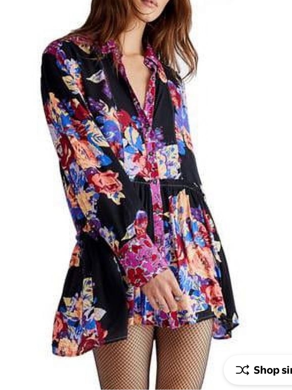 Free People Meadow Lark Tunic Top Floral Button-Down Black & Pink